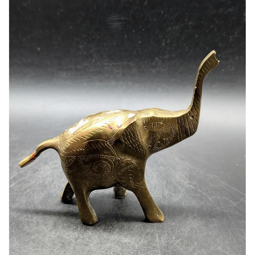 Vintage Etched Brass Elephant‎ Figurine Trunk Up Good Luck Statue India Decor 6